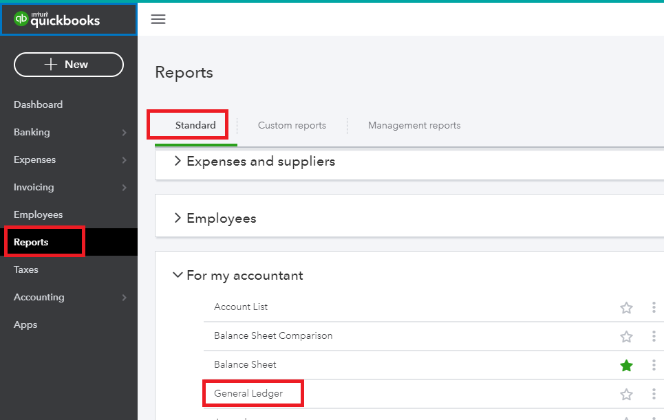 Where to access the General Ledger accounts in QuickBooks