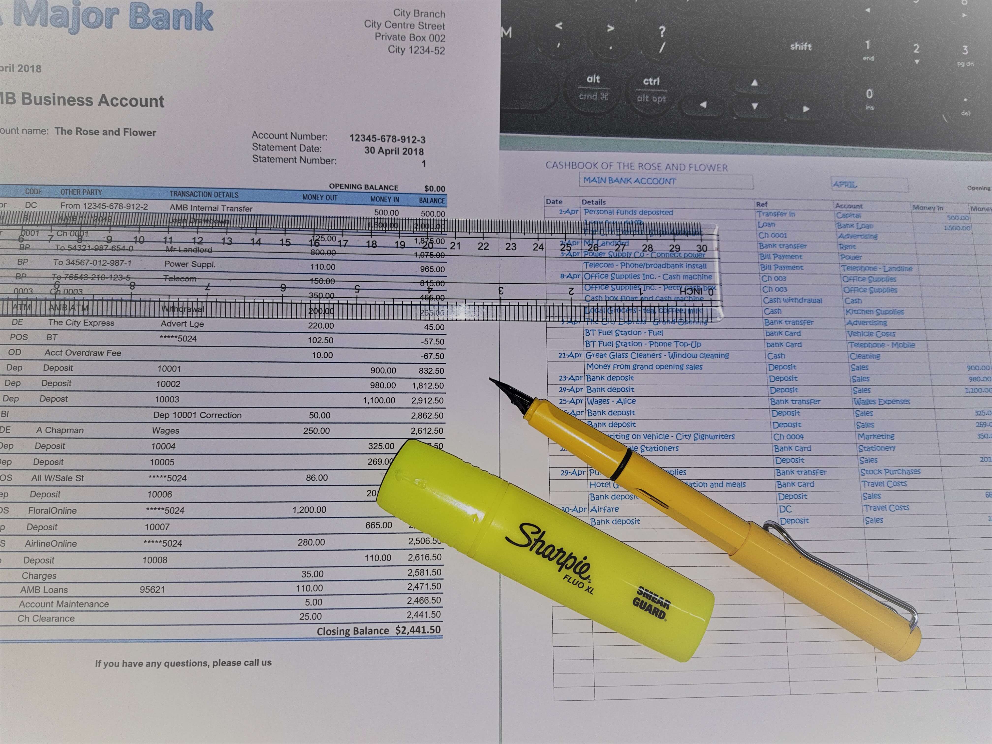 Bank statement and cashbook side by side to match transactions or highlight differences.