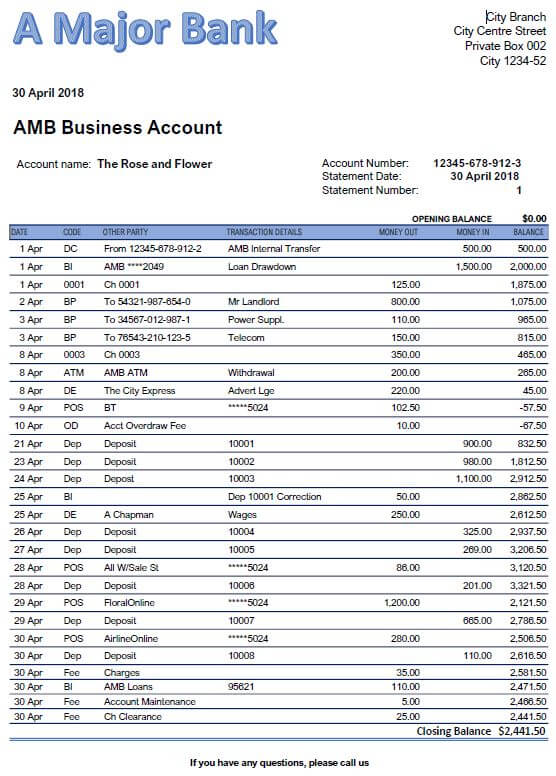 Example of bank statement before it is checked against the cashbook