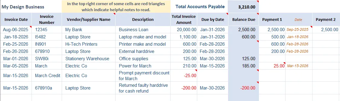 Bookkeeping Template Accounts Payable Ledger