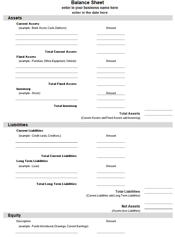 Bookkeeping Template Balance Sheet