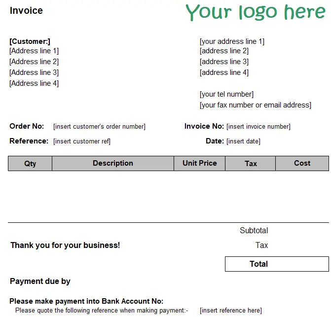 Bookkeeping Template Sales Invoice