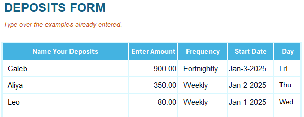 This form is in the Excel template and is used for the sources of money for your budget. Budget Deposits Form
