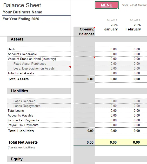 Cashbook in Excel Balance Sheet Overview