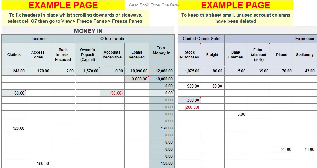 Cashbook in Excel Example Page