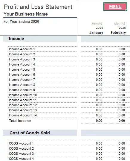 Cashbook in Excel Profit and Loss Report