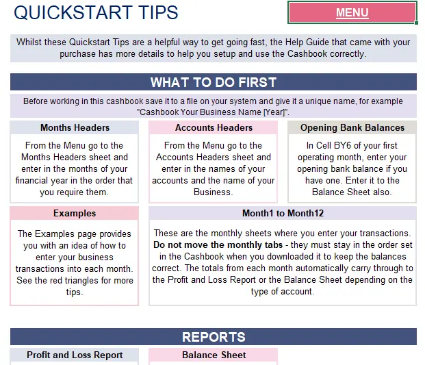 Cashbook in Excel Quickstart Tips