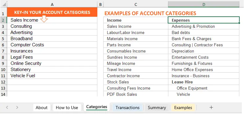 Categories for Switching from Excel to Bookkeeping Software
