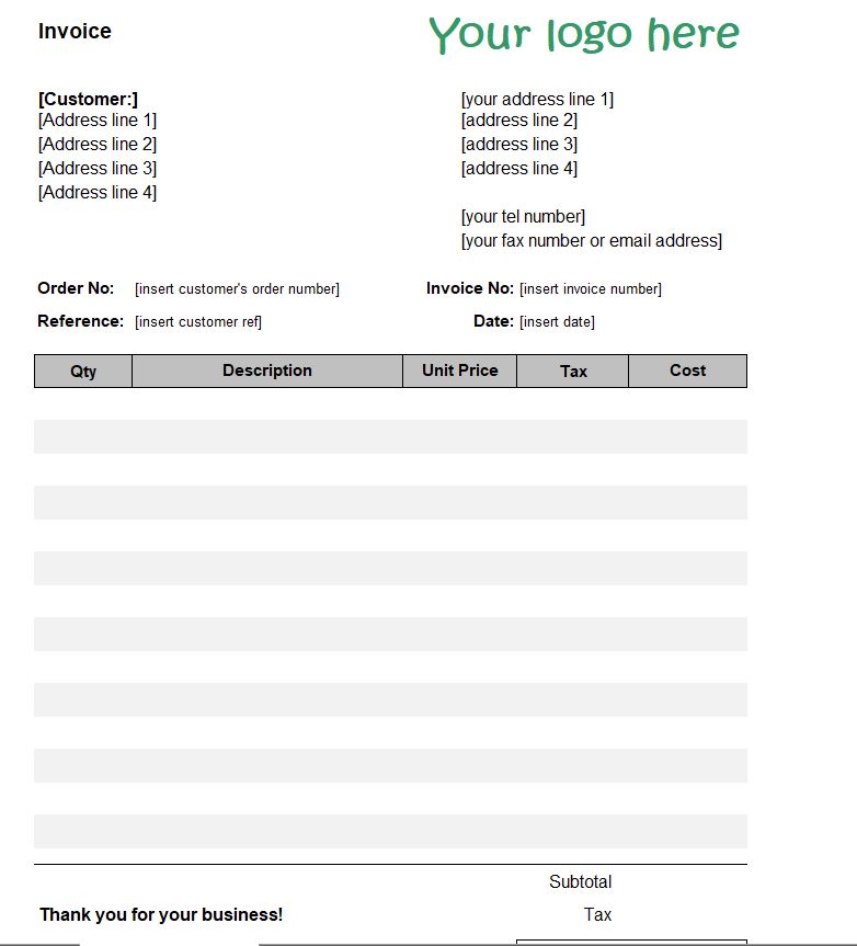 Spreadsheet personal billing Invoices