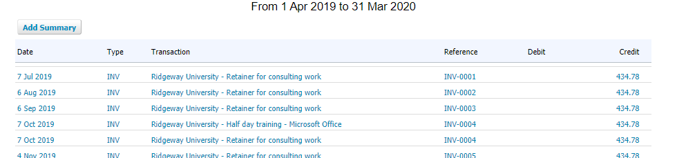 General ledger accounts example of sales ledger from Xero