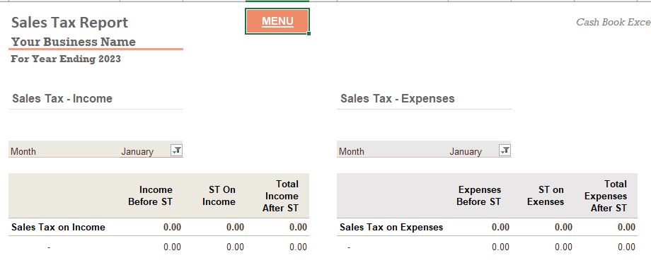 Screenshot of Sales Tax Report Cash Book Excel