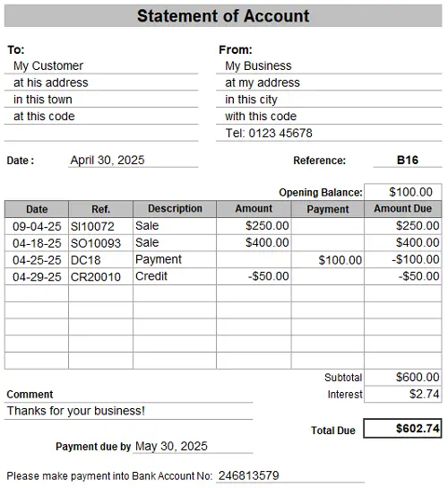An example of an accounts receivable customer statement listing all the invoices to the customer and payments from them leaving a balance owing. AR Statement of Account Example