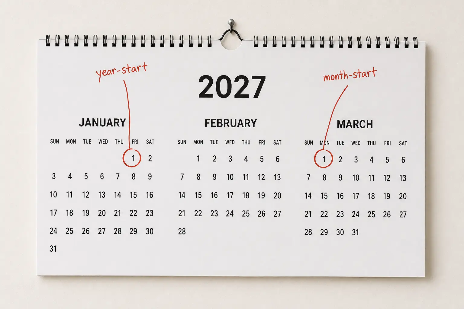 Calendar dates showing the first of the financial year (Jan 1) or the first of another month (March 1) to choose to switch from Excel to bookkeeping software. Best Dates to Switch from Excel to Software