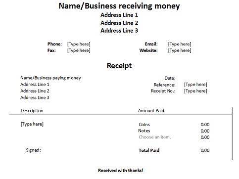 four free receipt forms for cash payments